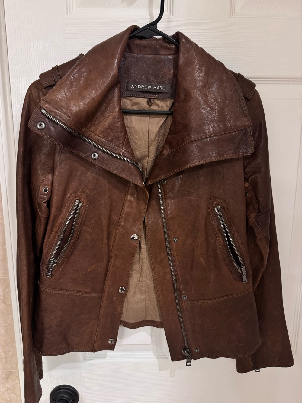 Andrew Marc Brown Leather Bomber Jacket with Zip Pockets